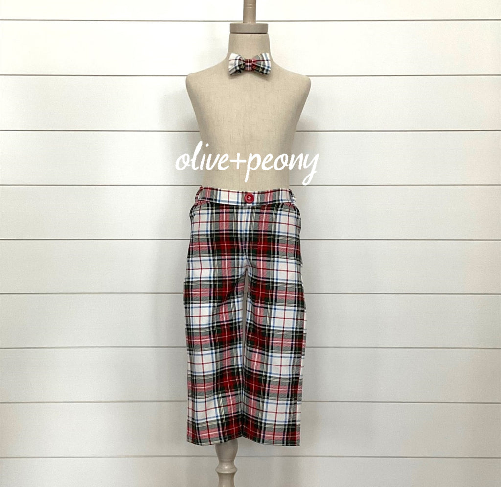 Red, White, and Green Holiday Plaid Pants & Bow Tie – Olive + Peony